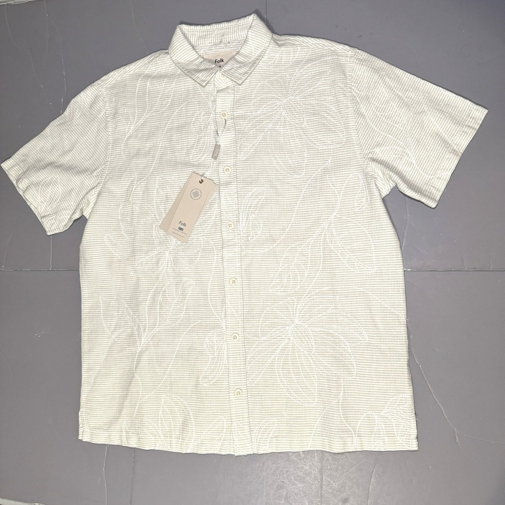 NEW Folk Bando Shirt M Floral Jaquard Linen Blend Short Sleeve Mint Green Button